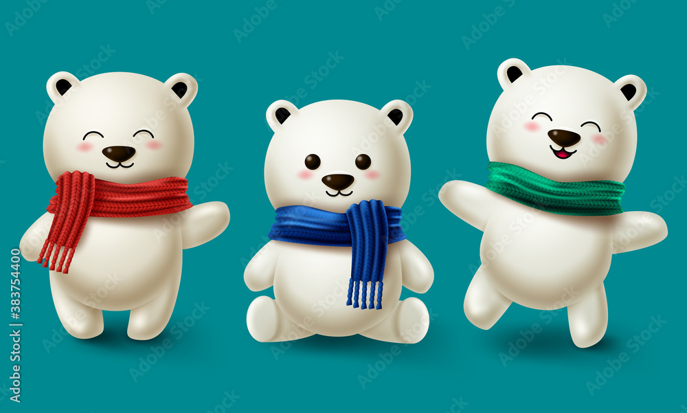 Winter bears character vector set. Teddy bear or polar bear 3d cartoon characters collection wearing scarf for winter season design in blue background. Vector illustration
Winter bears character vector set. Teddy bear or polar bear 3d cartoon characters collection wearing scarf for winter season design in blue background. Vector illustration