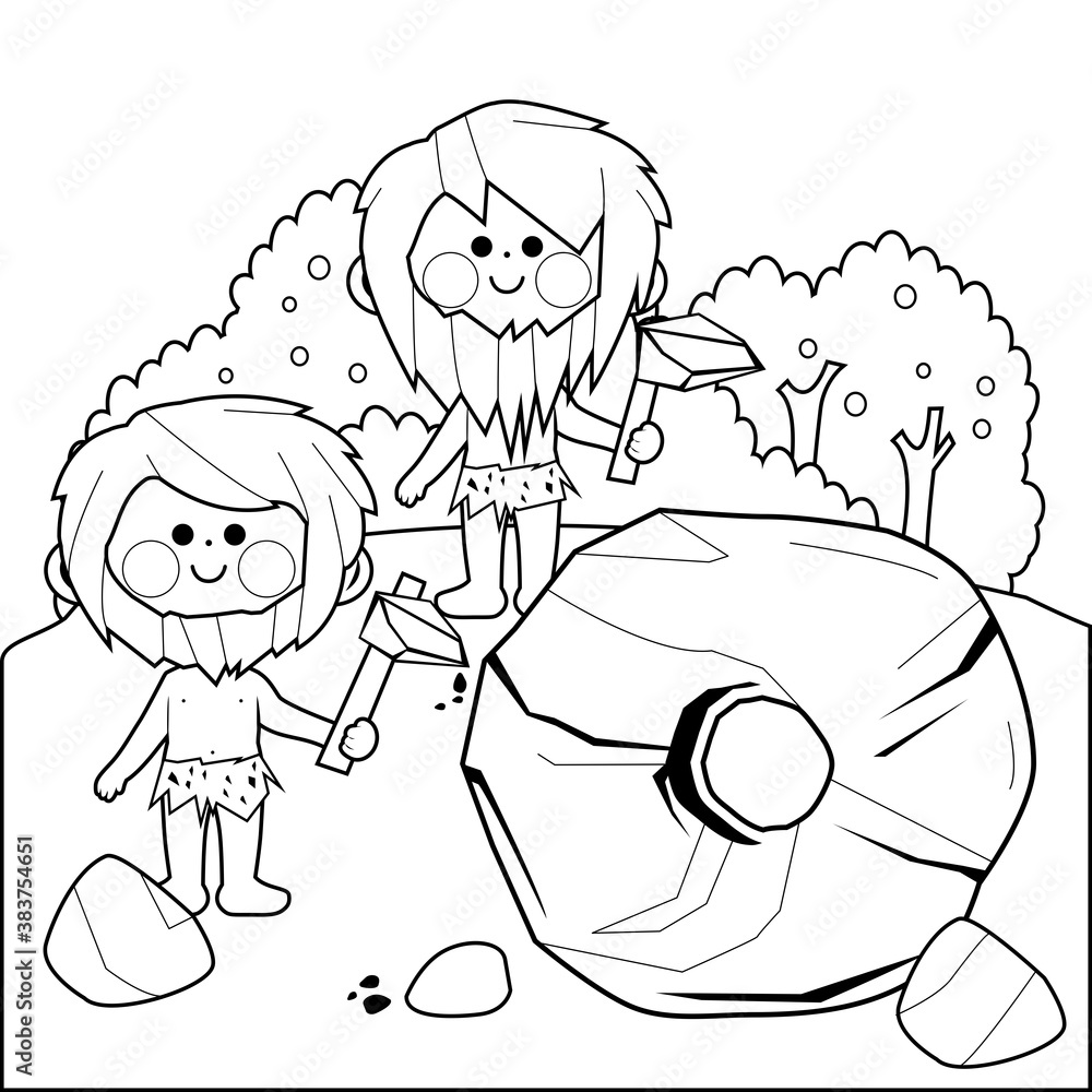Cave Men Rocks Cavemen and a rock wheel invention. Vector black and white coloring ...