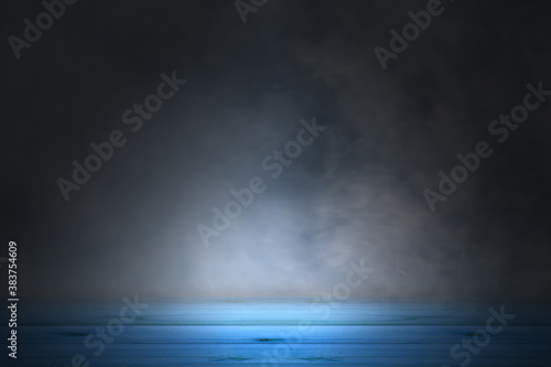 Empty blue wooden table with smoke float up on dark background, perspective wooden floor shelf table, used as a studio background wall to display your products.