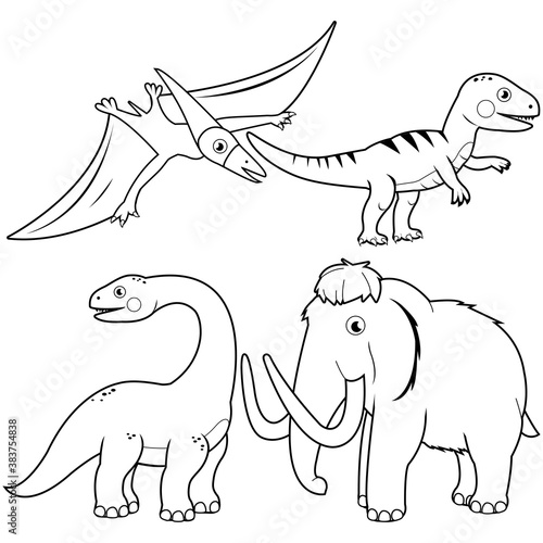 Dinosaurs illustration collection. Vector black and white coloring page