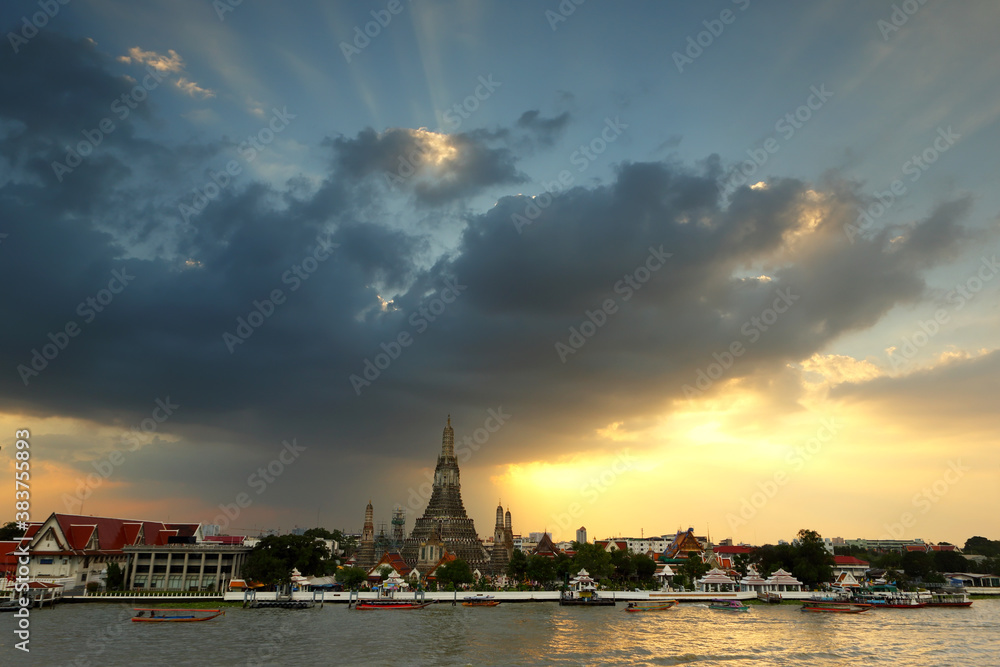View of Temple Chao Phraya Riverside, Wat Arun Temple at sunset in bangkok Thailand. Wat Arun is among the best known of Thailand's landmarks and world class