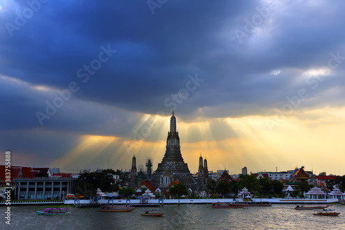 View of Temple Chao Phraya Riverside, Wat Arun Temple at sunset in bangkok Thailand. Wat Arun is among the best known of Thailand's landmarks and world class