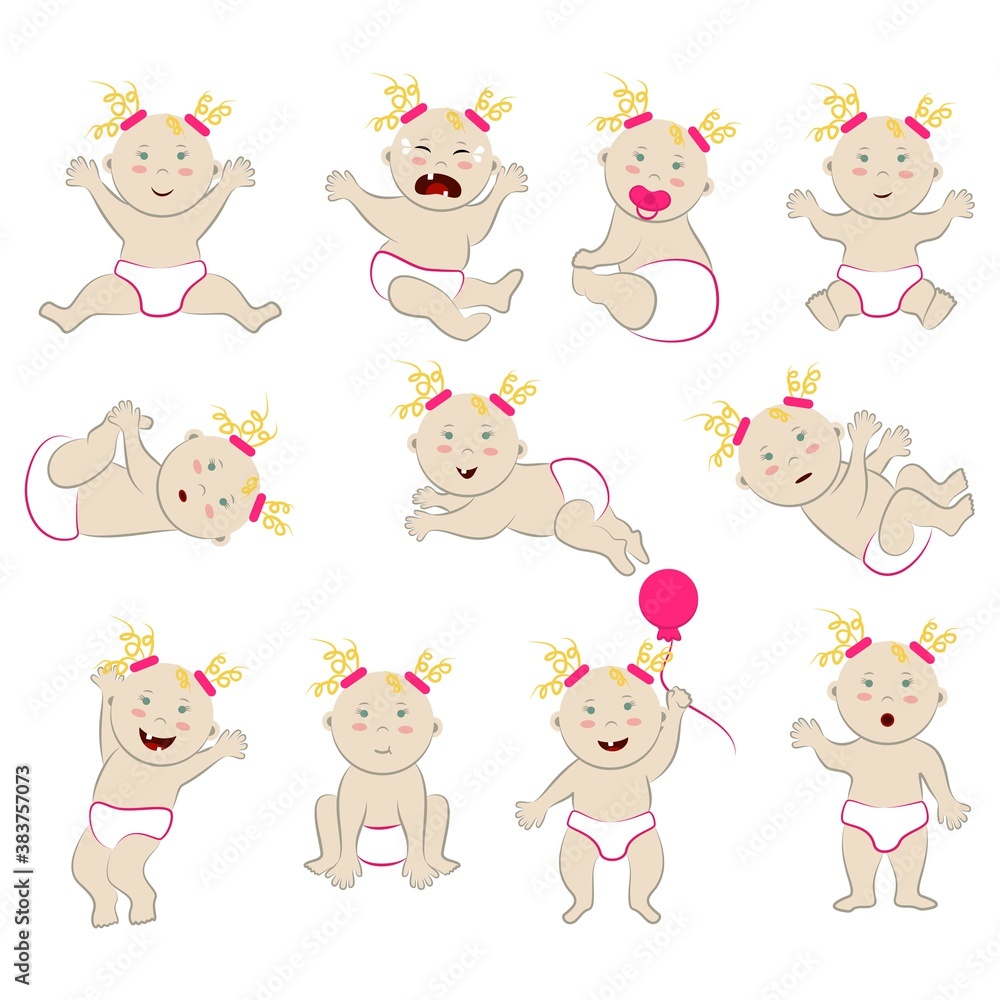 Set of vector characters of blonde curly, white-skinned baby with blue-green-gray eyes. Clipart of the caucasian toddler girl with different moods and in different poses