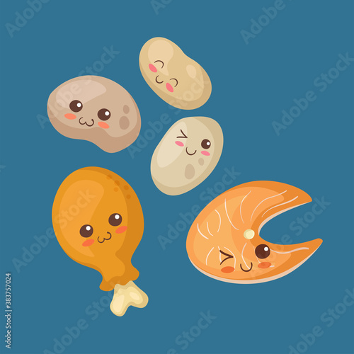 Kawaii funny Potato, Fish Steak & Chicken Leg vector illustration. Restaurant, grill bar kids menu, shop, card, stickers concept. Happy smiling healthy & protein rich food mascot. Meat & fish meal.