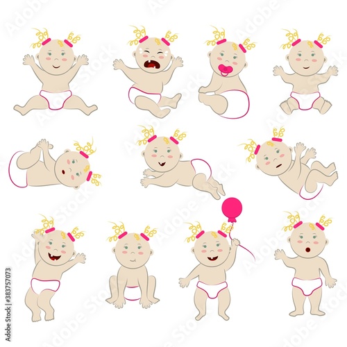 Fototapeta Naklejka Na Ścianę i Meble -  Set of vector characters of blonde curly, white-skinned baby with blue-green-gray eyes. Clipart of the caucasian toddler girl with different moods and in different poses