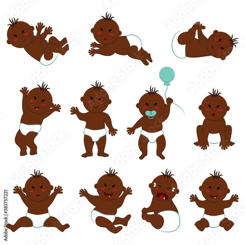 Vector set of different poses and facial expressions of a dark-skinned baby boy with black slanted eyes. Cheerful, funny, crying, sad, surprised, calm, etc. naked Eurasian toddler in diapers