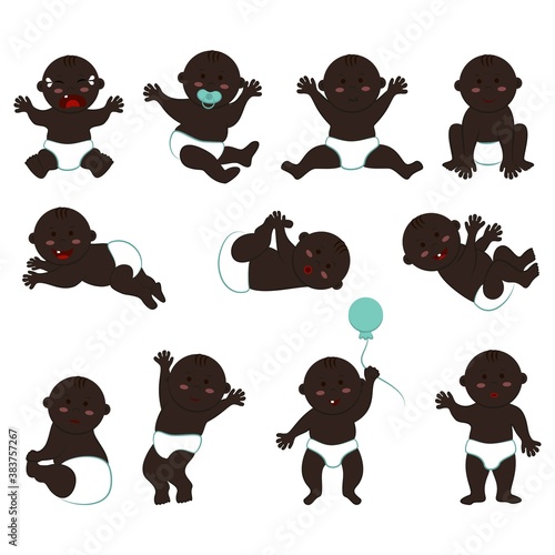 Large vector set of poses and moods of a dark-skinned naked baby boy in diapers. Cliparts of a bald little kid with black skin, eyes and hair