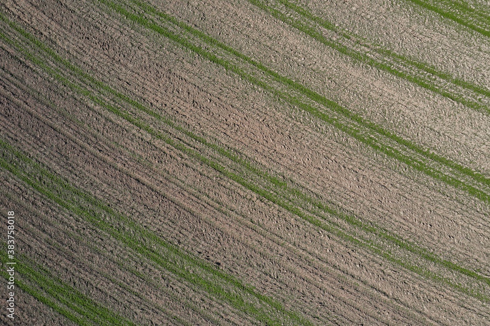 Picture of an aerial view with a drone of a field and field with tractor tracks in the Bavarian forest near Grafenau, Germany