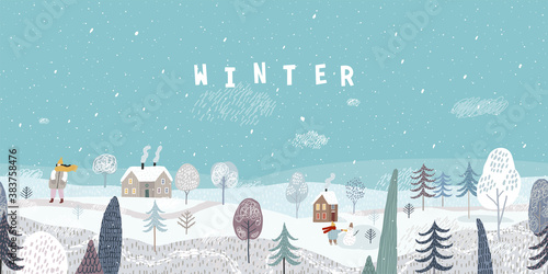 Cute winter landscape. Winter banner. Winter walk. Lovely houses in a snowy valley. Horizontal seamless landscape.