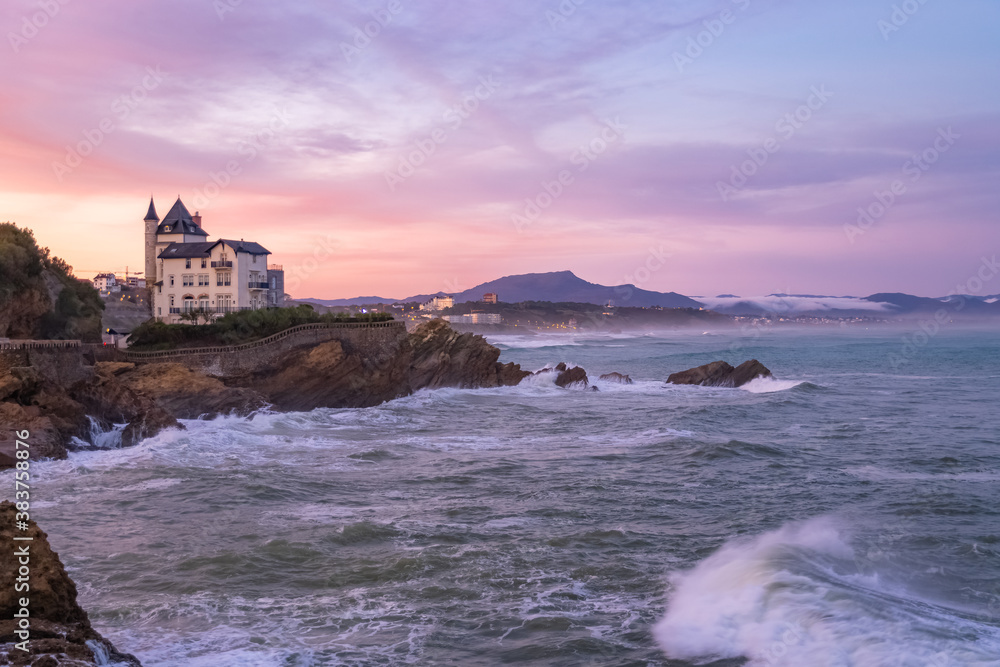 Biarritz in France, panorama of the coast, with the villa Belza, sunrise
