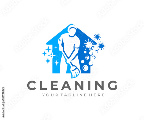 Man with broom, house cleaning and house cleanup service, logo design. Sanitizing, disinfecting, virus, hygiene and cleanliness, vector design and illustration