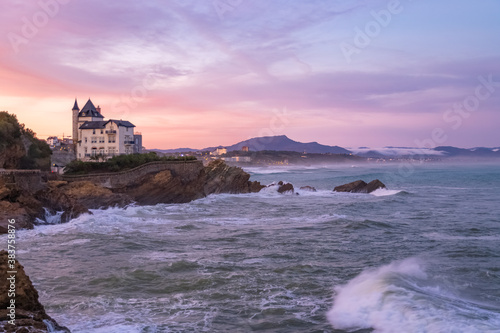 Biarritz in France, panorama of the coast, with the villa Belza, sunrise 