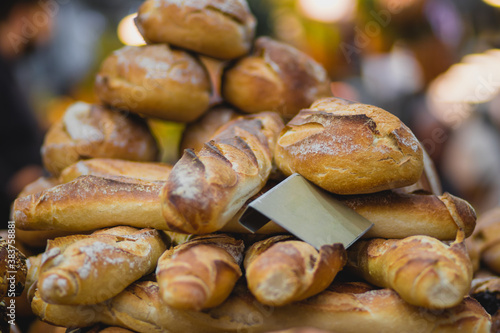 A pile of sourdough baguettes in the Mahane Yehuda market in Jerusalem