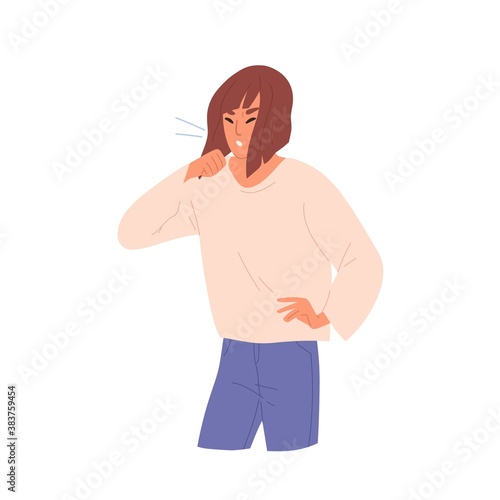 Sick unhealthy coughing woman. Bronchitis, cold, coronavirus, grippe or seaso...