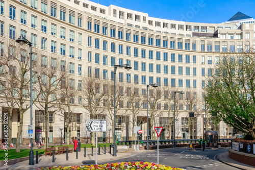 Facade of an office building on Westferry Circus in Canary Wharf, London photo