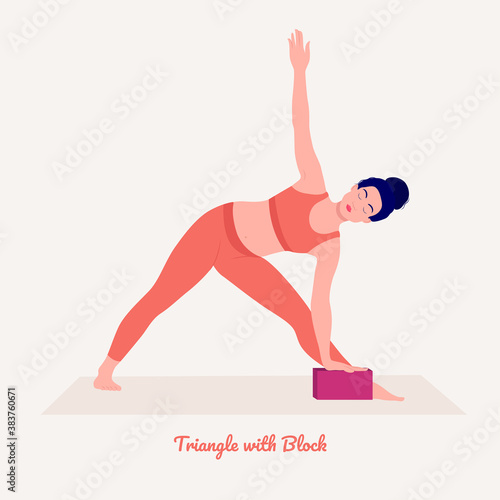 Triangle with Block Pose. Young woman practicing Yoga pose. Woman workout fitness, aerobic and exercises. Vector Illustration.