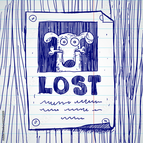 Missing dog poster, doodle sketch style, vector illustration. Design for web, stickers, logo and app.
