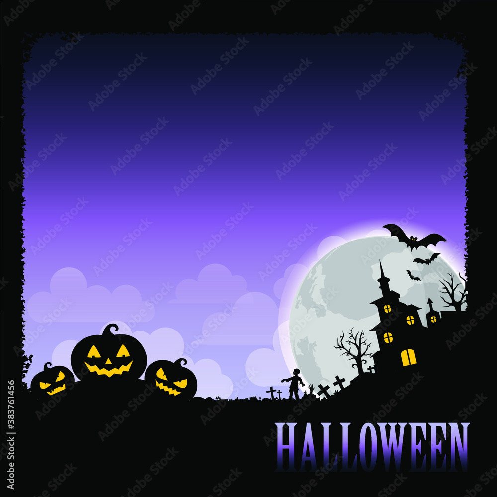 Halloween border  with castle and pumpkins,vector background