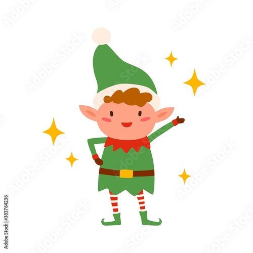 Cute happy christmas elf isolated on white background. Funny little santa hel...