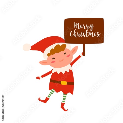 Cute christmas elf holding sign with Merry Christmas inscription. Happy childish xmas dwarf demonstrate holiday poster. Flat vector cartoon illustration of joyous santa helper isolated on white