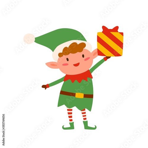 Cute christmas elf holding present decorated with bow. Happy childish xmas dwarf with wrapped giftbox. Flat vector cartoon illustration of joyous santa helper with gift isolated on white