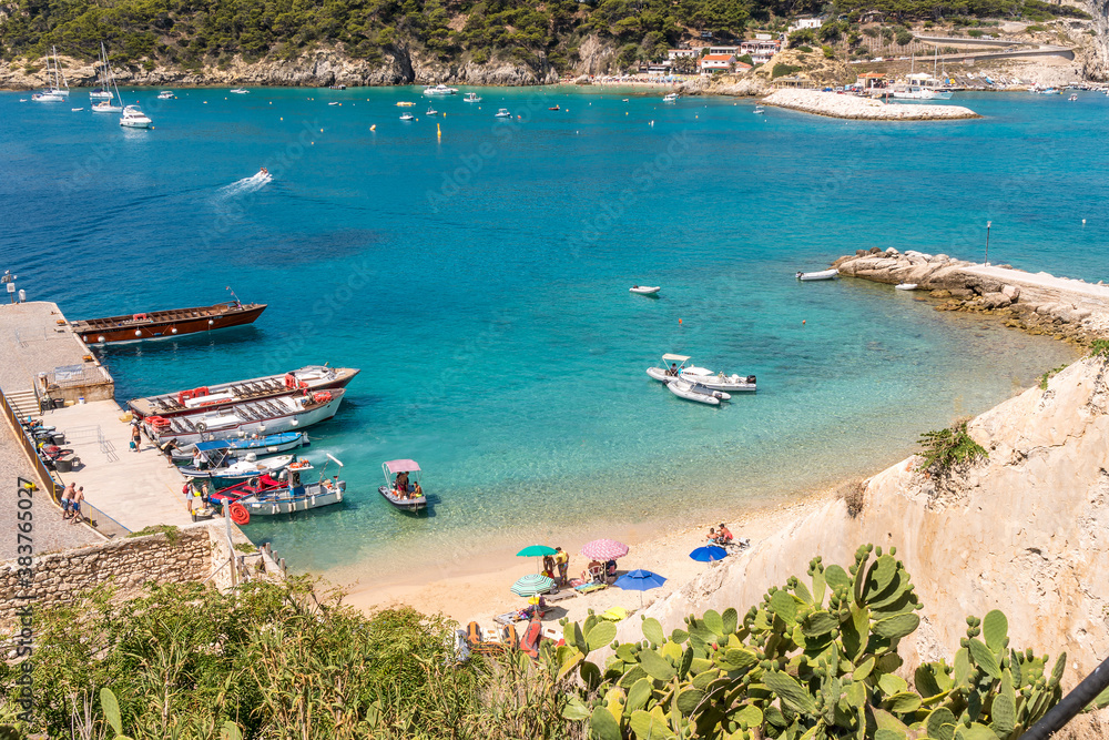 Little beach near the touristic port of San Nicola Island, archipelago of the Tremiti islands, Puglia, Italy,