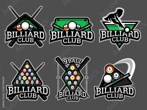 Set of billiard logos and emblems in grey colour. Billiard Vector illustration
