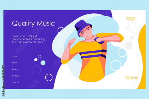 Music online landing page template. Young man in headphones listening to music on smartphone. Music streaming service, audio playlist application, new music fast download flat vector illustration