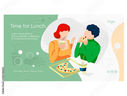 Lunch time landing page. Young couple sitting at table with takeaway wok boxes and paper coffee cups, People eating Asian traditional meal dishes flat vector illustration