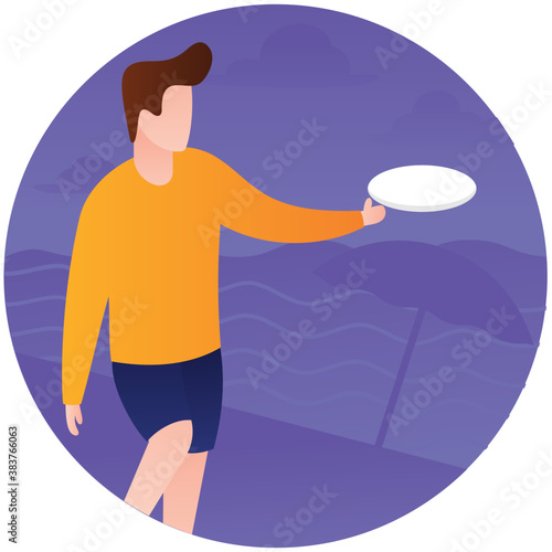 
A man at beach playing frisbee 
