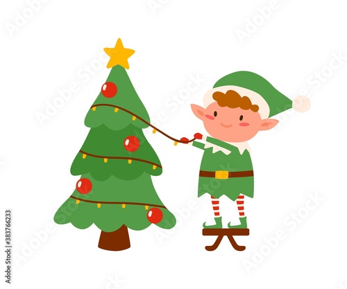 Childish elf decorating Christmas tree vector flat illustration. Adorable fairy tale character hanging garland and baubles on Xmas spruce isolated. Cute Santa helper in holiday costume