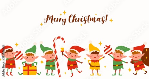 Group of cute elves on Merry Christmas horizontal background. Funny Santa helpers in costumes isolated. Fairy tale festive childish characters holding holiday gifts, candy, ringing xmas bell