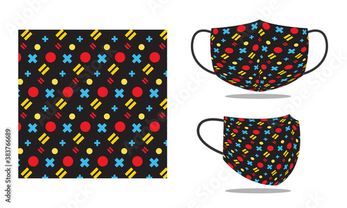 face mask design concept with geometric memphis style. pattern design for mask, print, fashion, fabric, cloth. reusable face protection mask. protection of corona virus, covid-19, flu, air filter