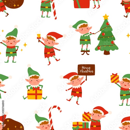 Adorable happy elves in festive costumes seamless pattern. Cute Santa helpers with Christmas gifts and decorations vector flat illustration. Colorful winter seasonal holiday wallpaper template