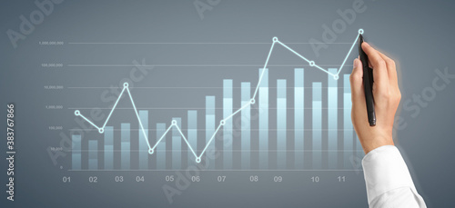 Hand draw chart, growth graph progress of business analyzing financial and investment data