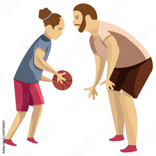 
A father and son are playing football 
