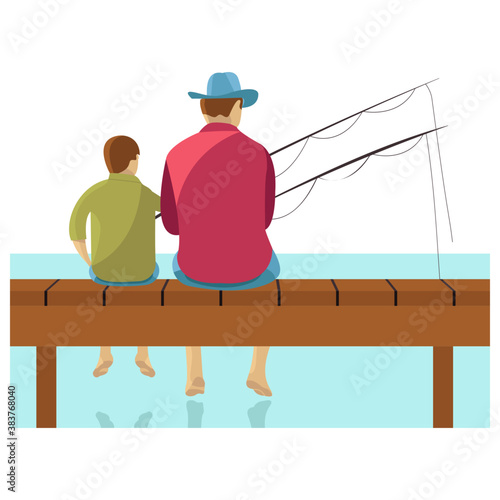 
A dad and son are fishing together 
