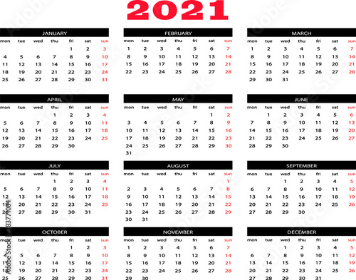 Calendario 2021 en ingles vector