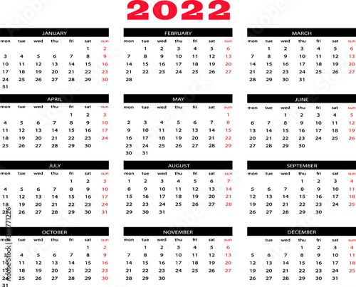 Calendario 2022 en ingles vector