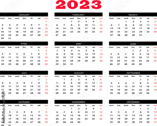 Calendario 2023 en ingles vector