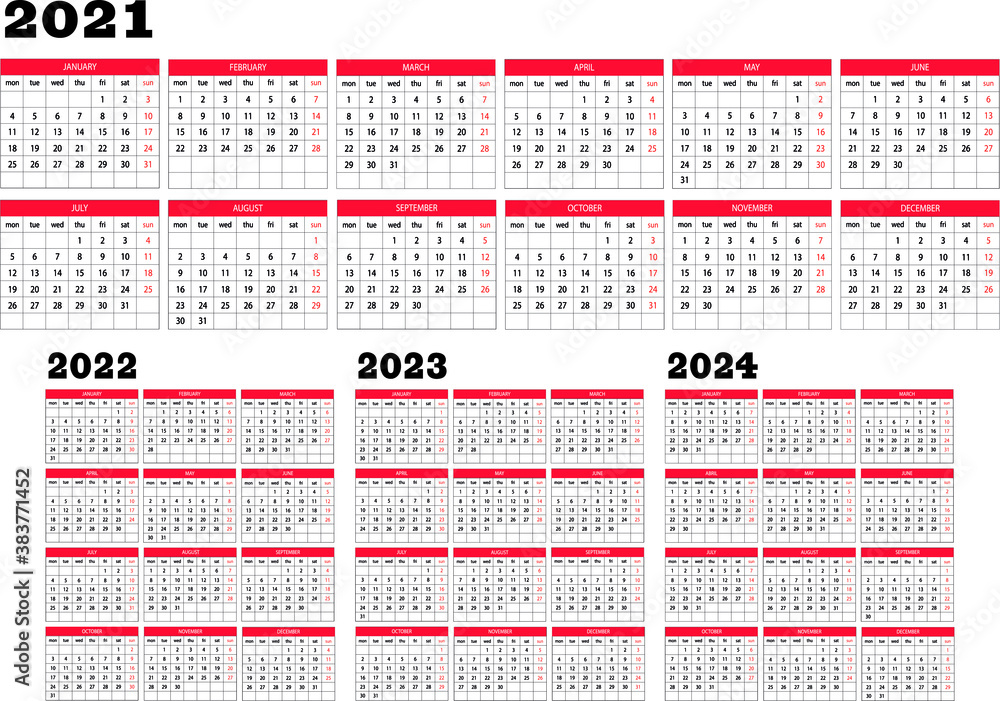 Calendario 2021 2022 2023 2024  - obrazy, fototapety, plakaty 