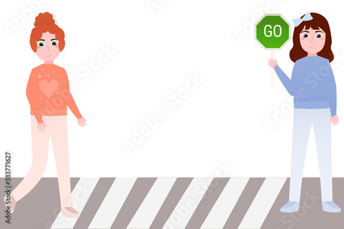 Cute girls holding and showing warning road go sign, traffic education rules for kids, safety on the road in cartoon style on white background