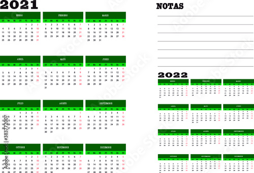 Calendario 2021 y  2022 en español con notas