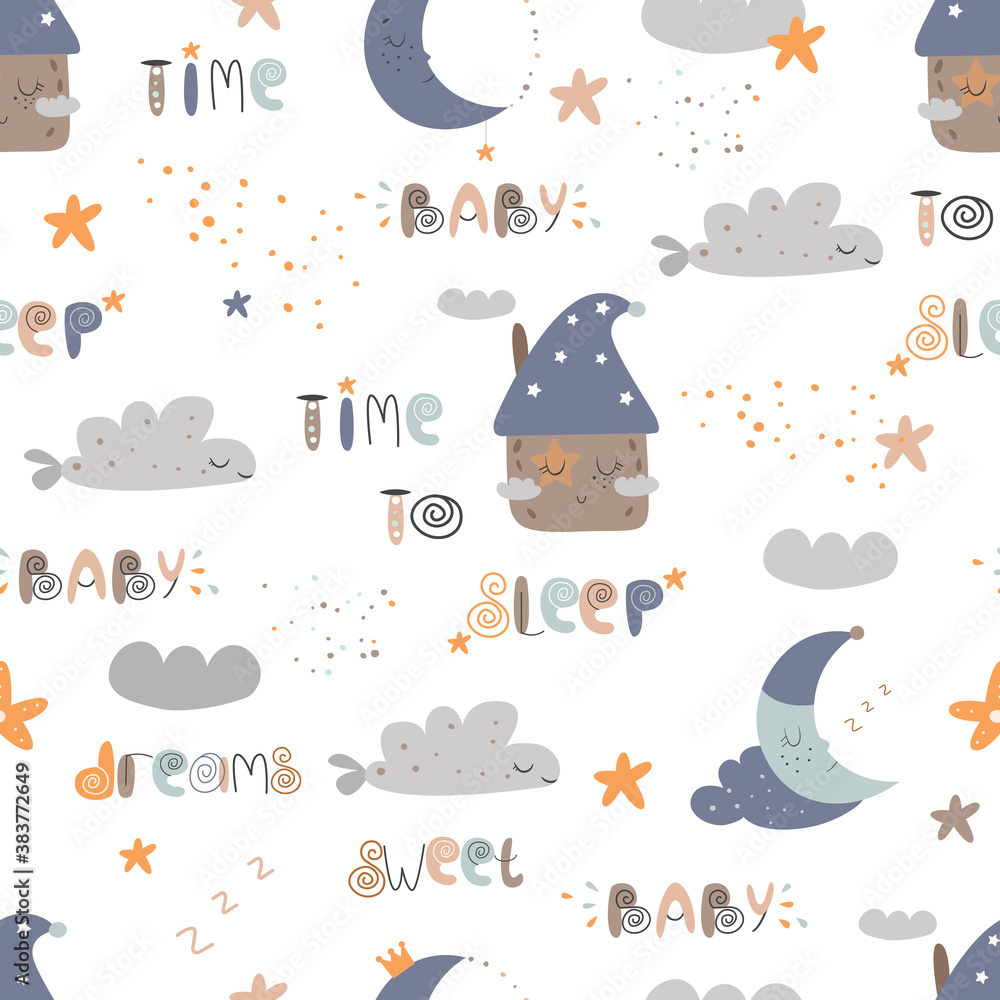 Sweet house and moon - cute seamless pattern