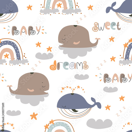 Cute whale and rainbow - seamless pattern for kids