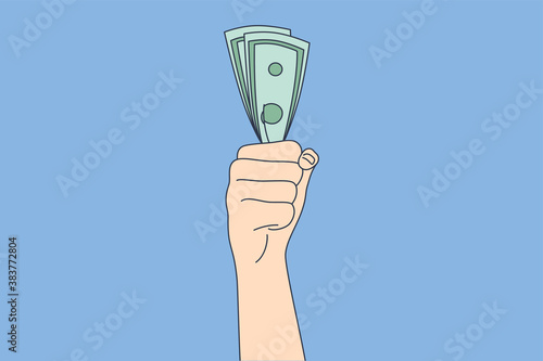 Business, success, goal achievement, wealth, money, banking concept. Businessman clerk manager hand holding cash dollar fan. Reaching purposes successful investment and currency profit illustration.