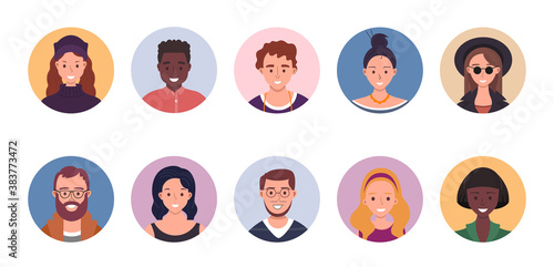 People avatar bundle set. User portraits. Different human face icons. Male and female characters. Smiling men and women characters. Flat cartoon style illustration photo
