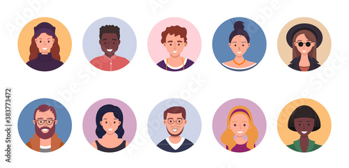 People avatar bundle set. User portraits. Different human face icons. Male and female characters. Smiling men and women characters. Flat cartoon style illustration