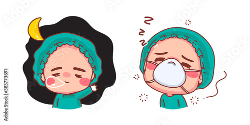 Cute nurse sleepy and yawning isolated on white background with character design.