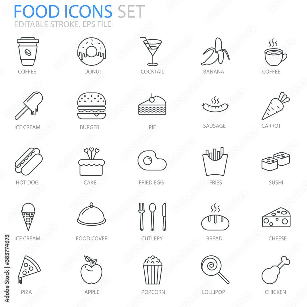 Food icons set for your website, logo, app, UI, product print. Food icons concept flat Silhouette vector illustration. Editable stroke icon. 